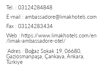 Limak Ambassadore Hotel Ankara iletiim bilgileri